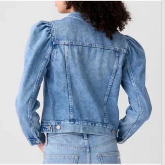 Gap Denim Puff Sleeve Icon Button Jean JACKET Medium Blue Wash - Picture 2 of 10